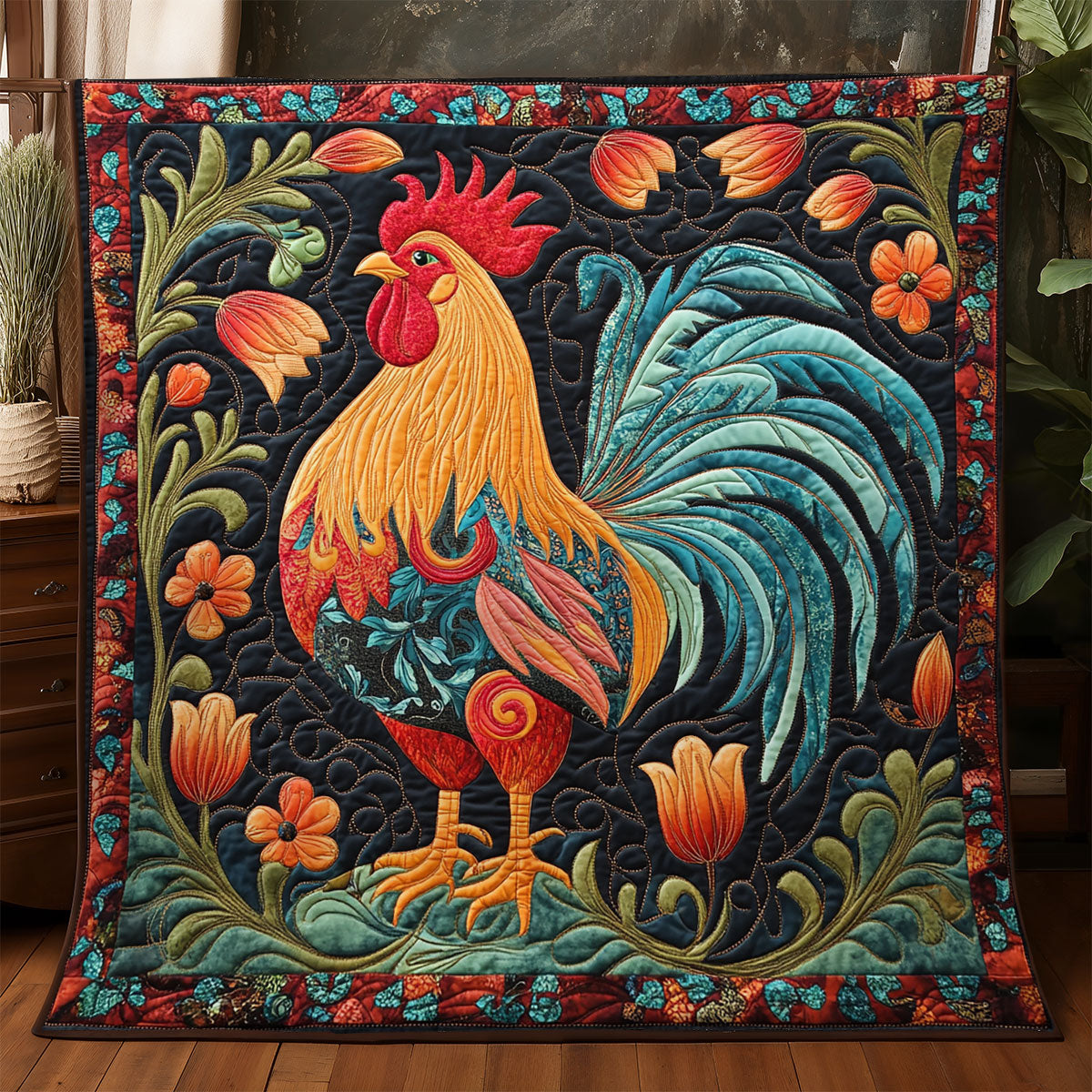 Floral Rooster WX3105026CL Quilt