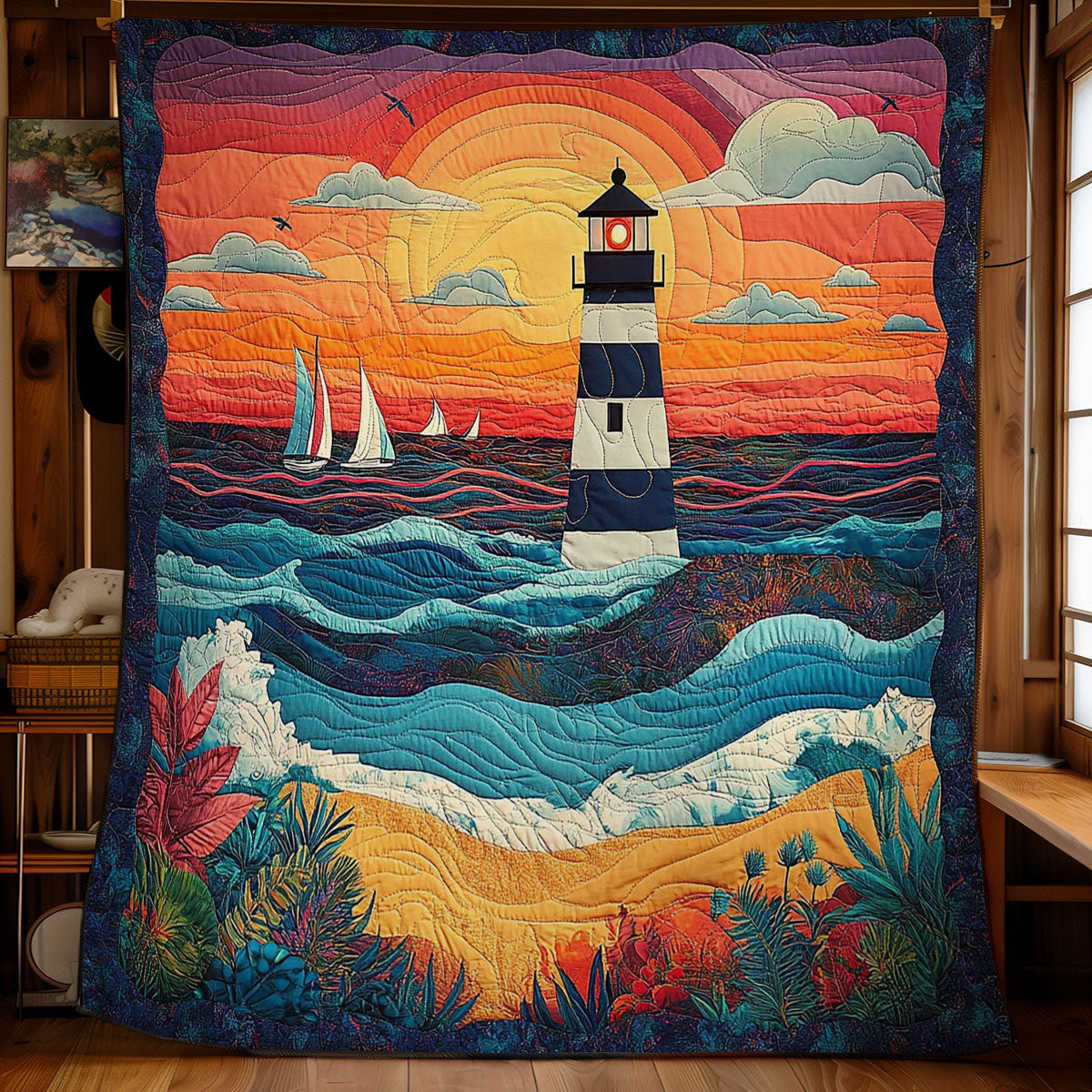 Lighthouse In Sunset Beach WY2103048CL Quilt