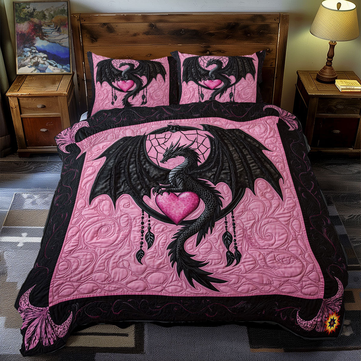 Black Pink Dragon Dreamcatcher WY1612035CL Duvet Cover Set