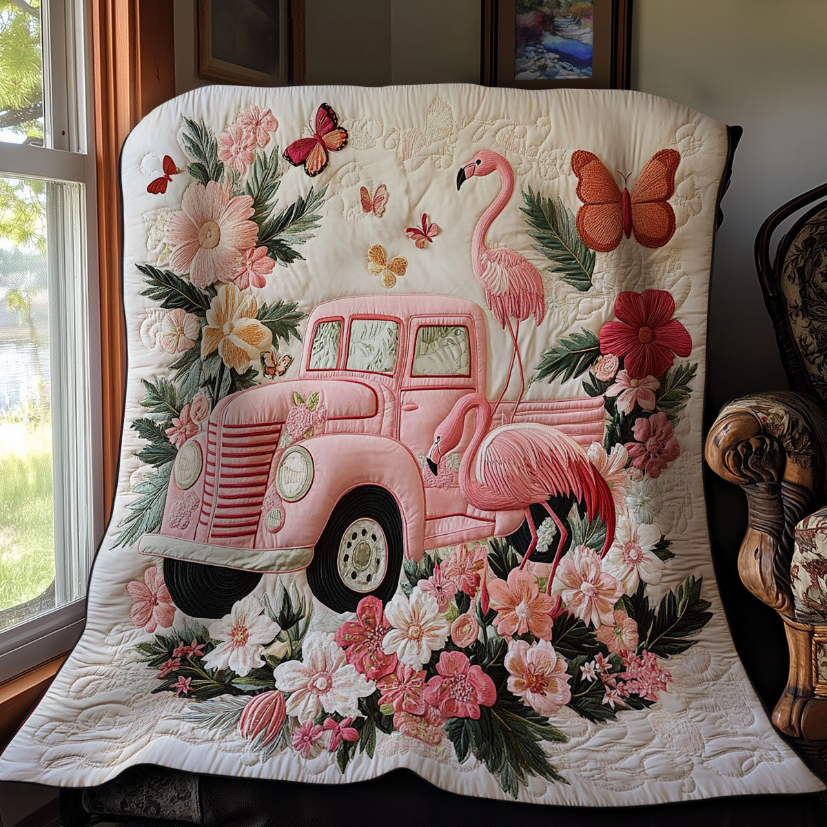 Pink Truck And Flamingo WY3012027CL Quilt