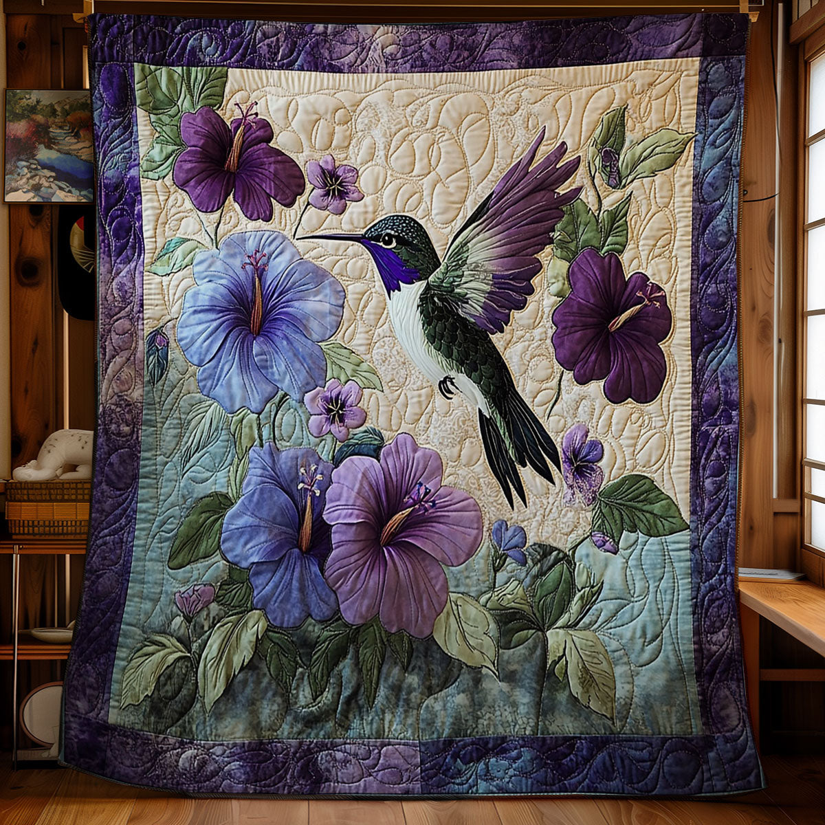Hummingbird In Purple Hibicus WY1302036CL Quilt