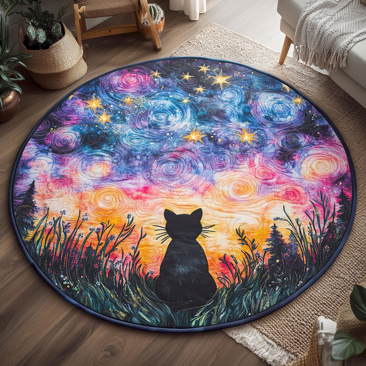 Meow Under Moonlight WJ3107044CL Quilted Round Mat