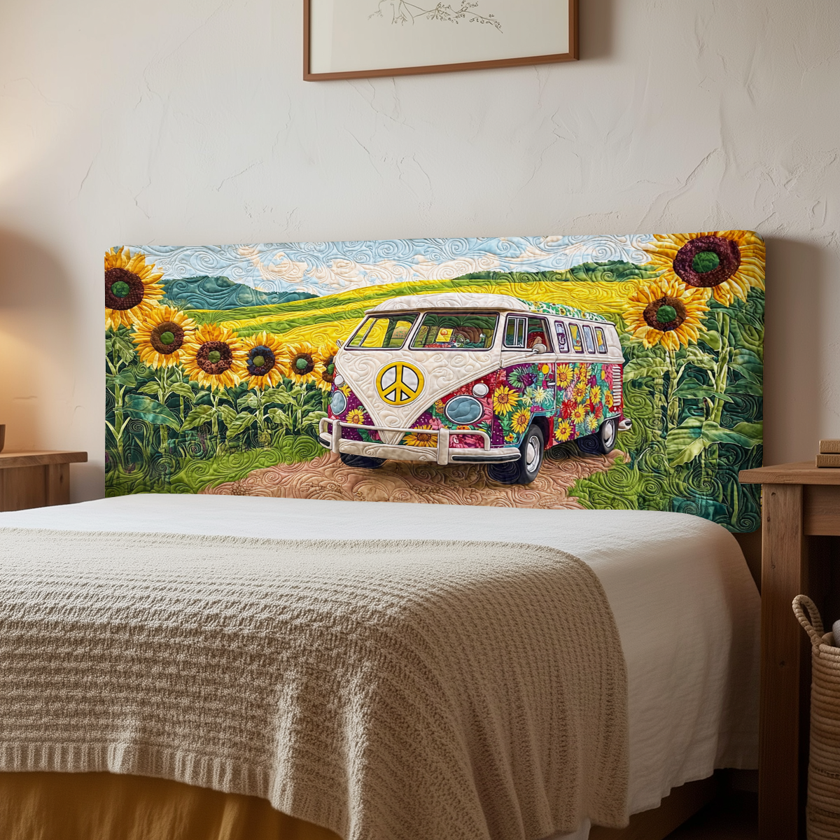 Sunflower Hippie Camper Van QA1412013CL Quilted Headboard Slipcover