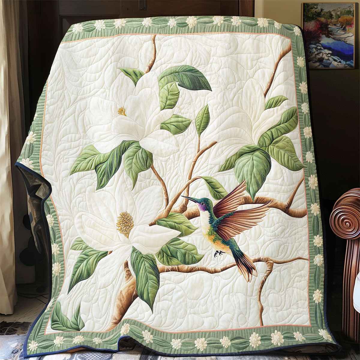 White Magnolia Hummingbird WY2003076CL Quilt