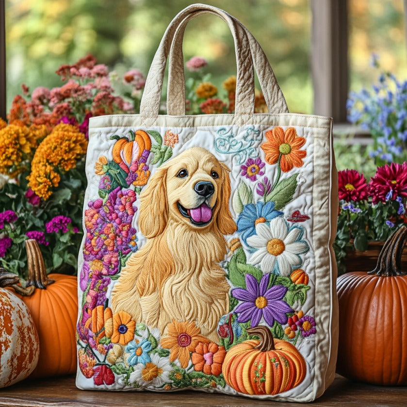 Golden Retriever With Flowers XR2109034CL Quilted Tote Bag
