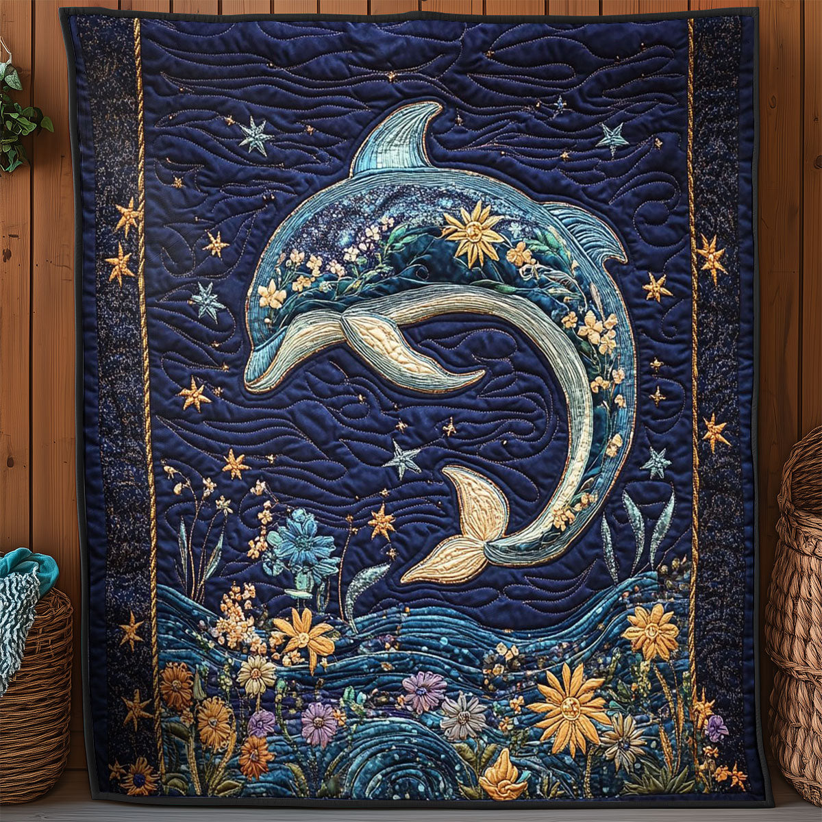 Dolphin In Floral Ocean WY0304016CL Quilt