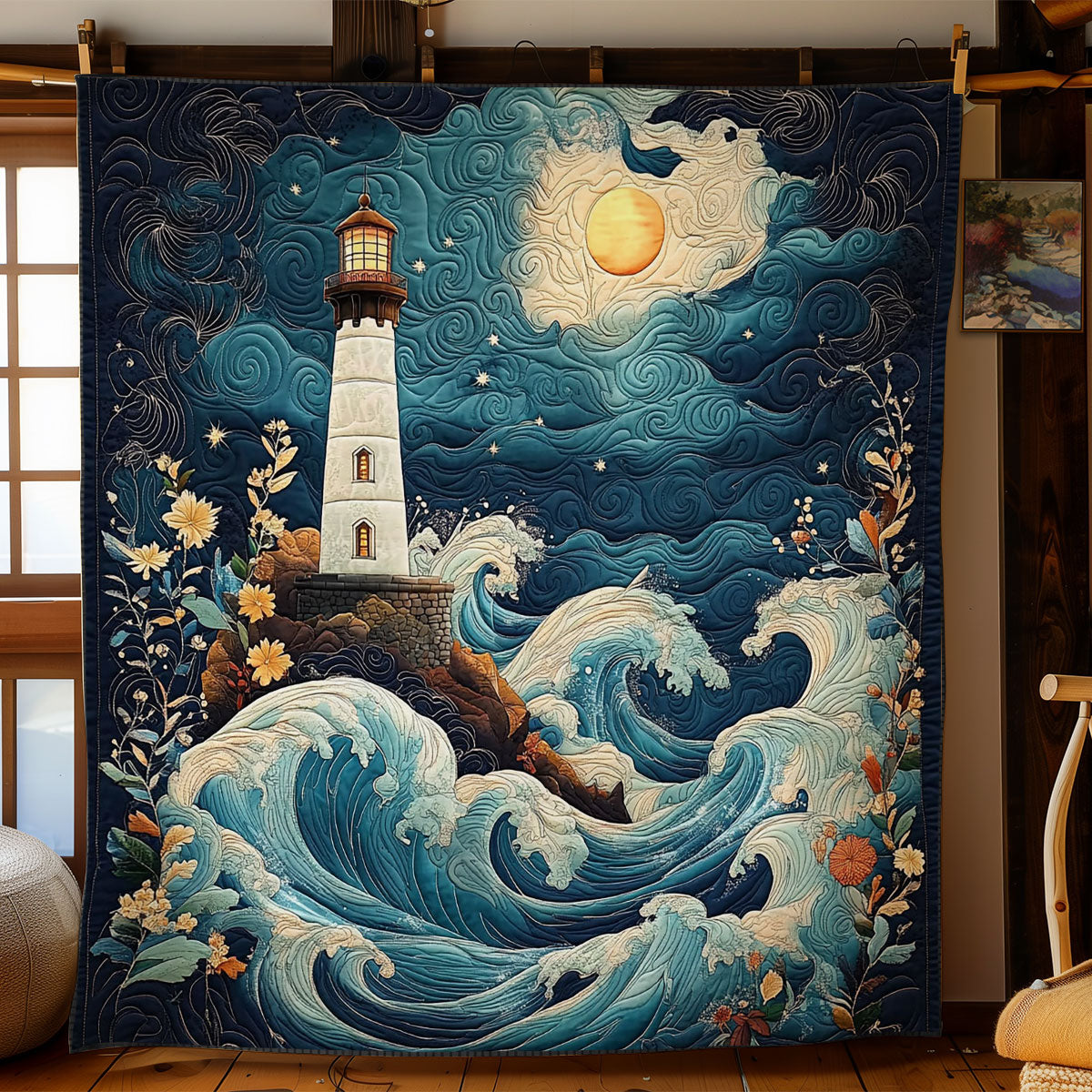 Lighhouse In Midnight Ocean WY2003066CL Quilt