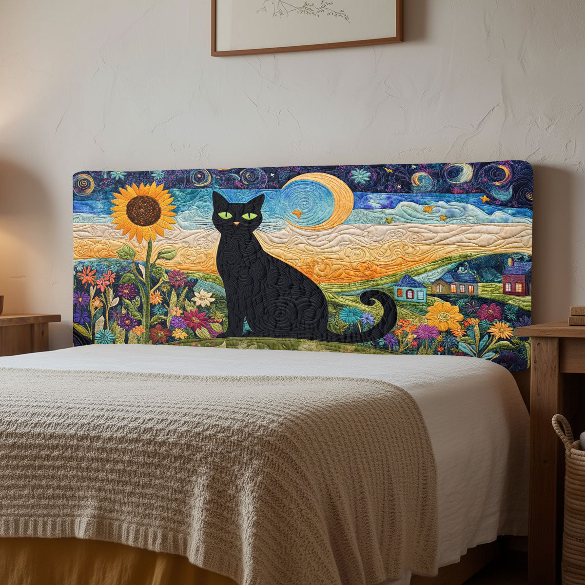 Sunflower Night Cat CW2212038CL Quilted Headboard Slipcover