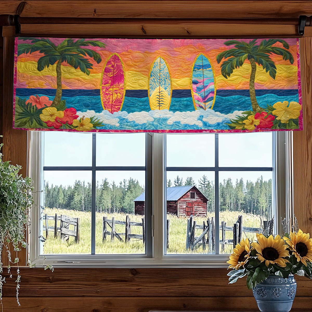 Surfboard In Tropical Beach WY0406043CL Quilted Valance