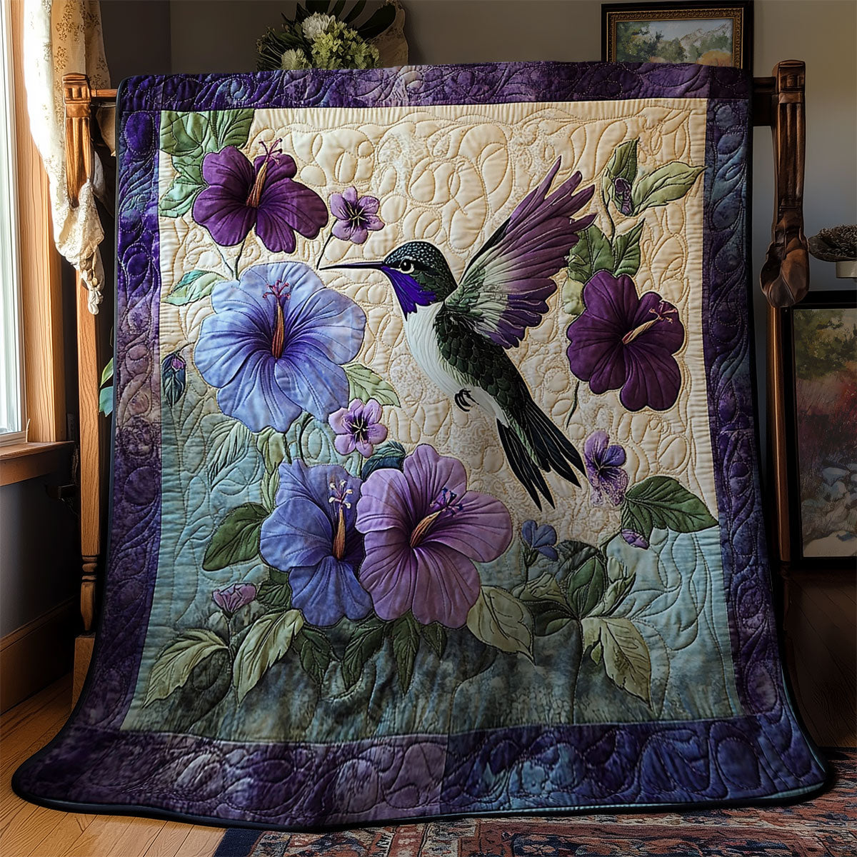 Hummingbird In Purple Hibicus WY1302036CL Quilt