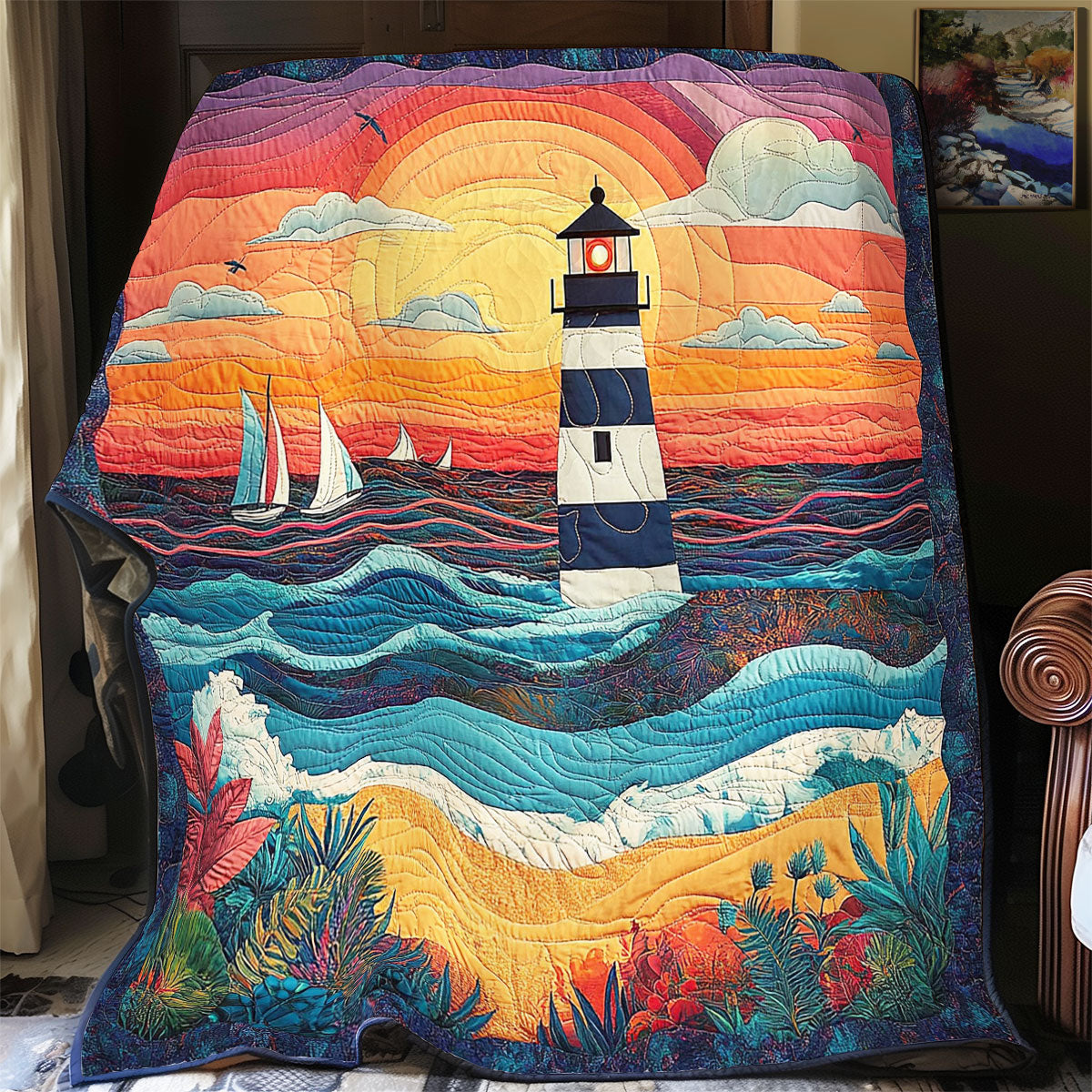 Lighthouse In Sunset Beach WY2103048CL Quilt