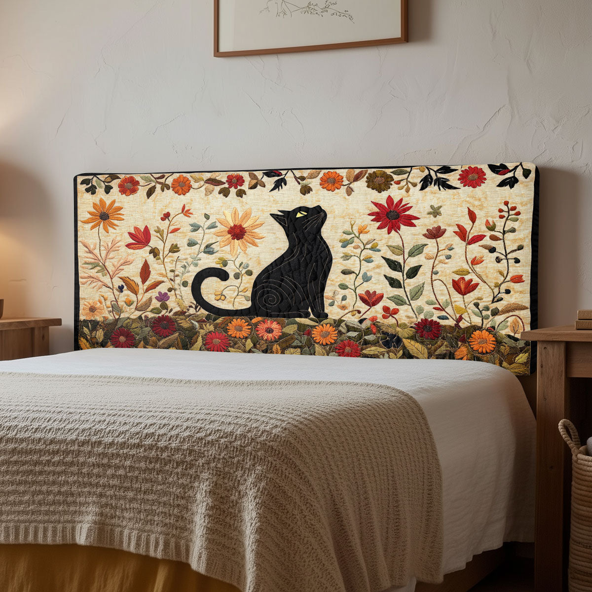 Black Cat Among Wildflowers CW2212001CL Quilted Headboard Slipcover