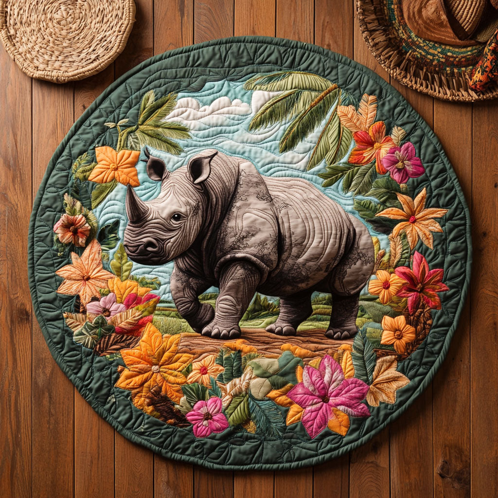 Rhino In Flower Wreath WY2304040CL Quilted Round Mat