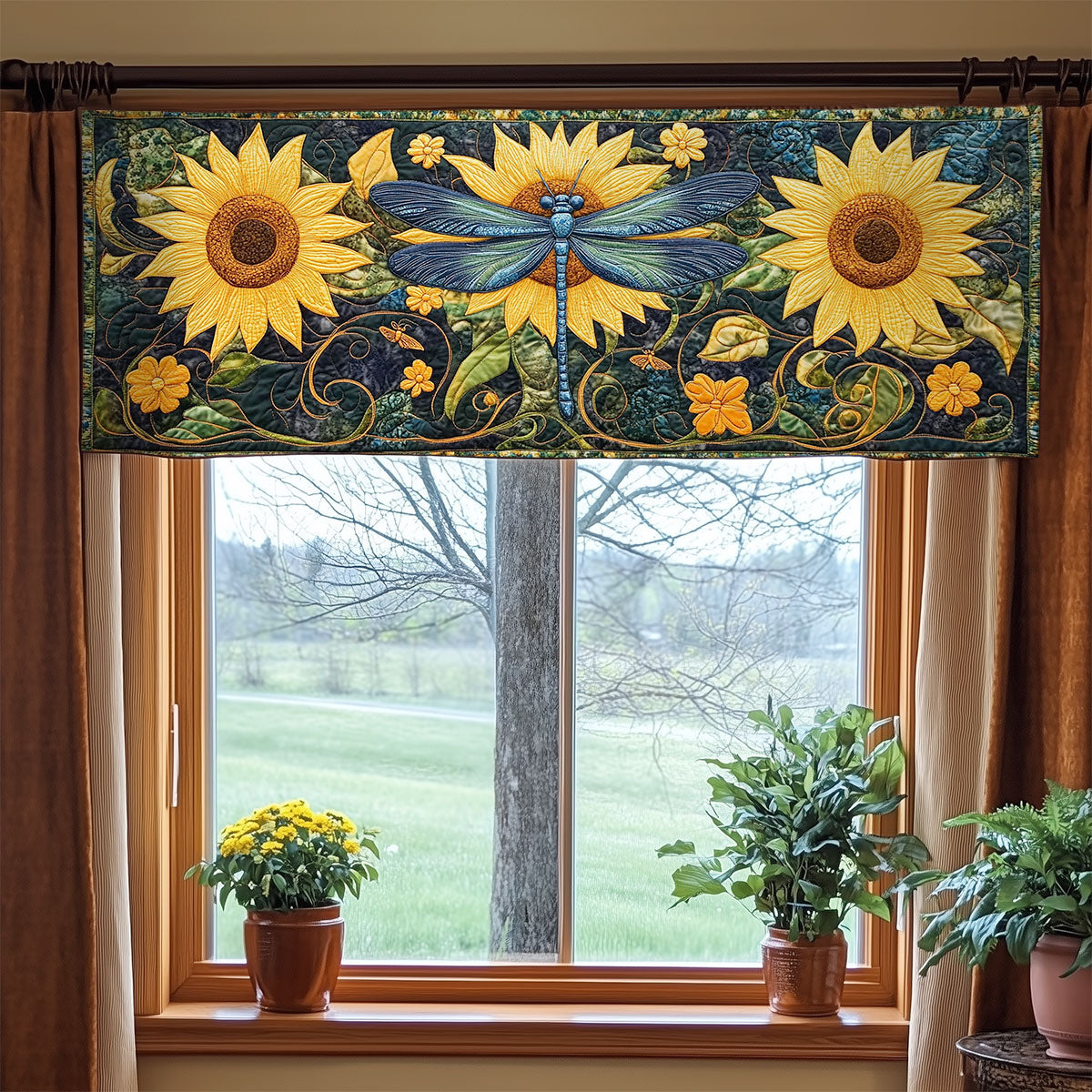 Teal Dragonfly And Sunflower WY2404059CL Quilted Valance