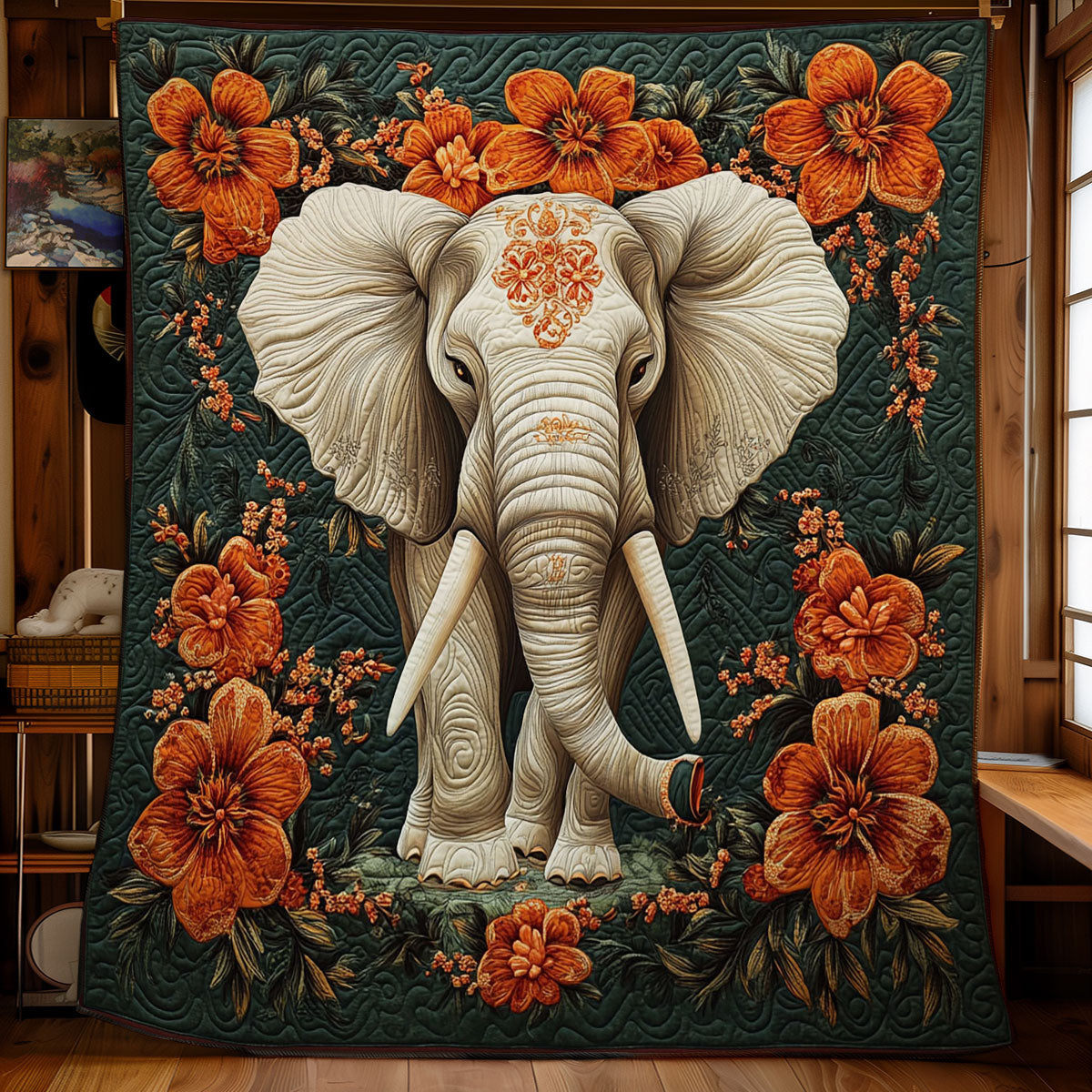 Elephant In Orange Flower WY1001151CL Quilt