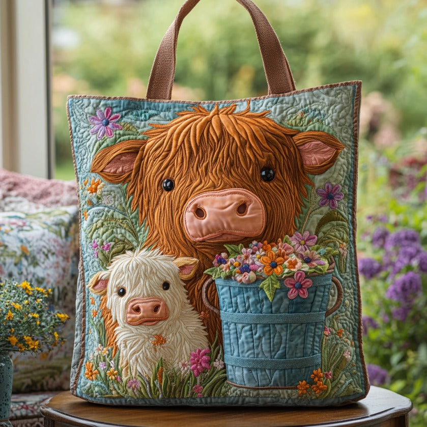 Floral Highland Cow XR0210024CL Quilted Tote Bag