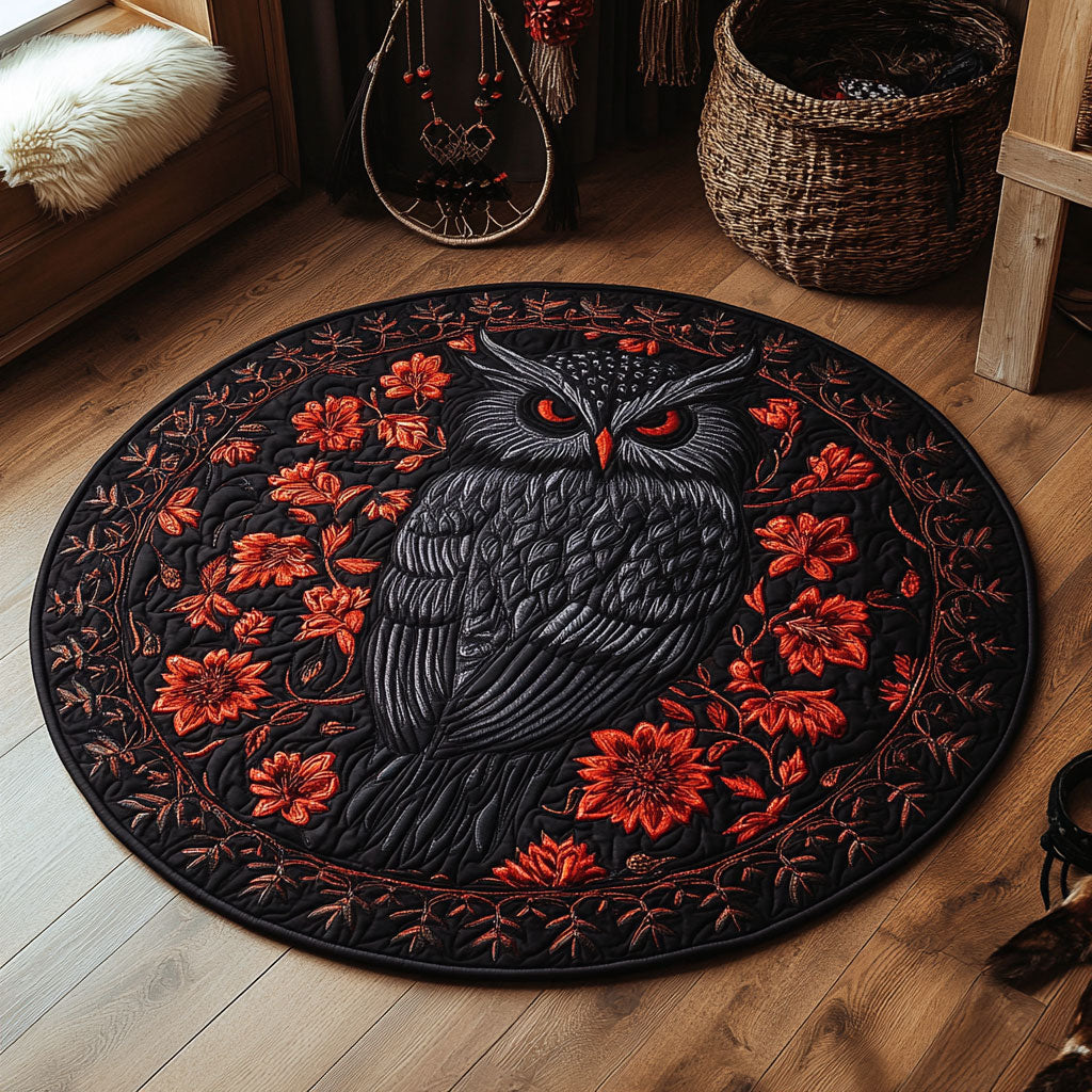 Black Owl In Red WY1006002CL Quilted Round Mat