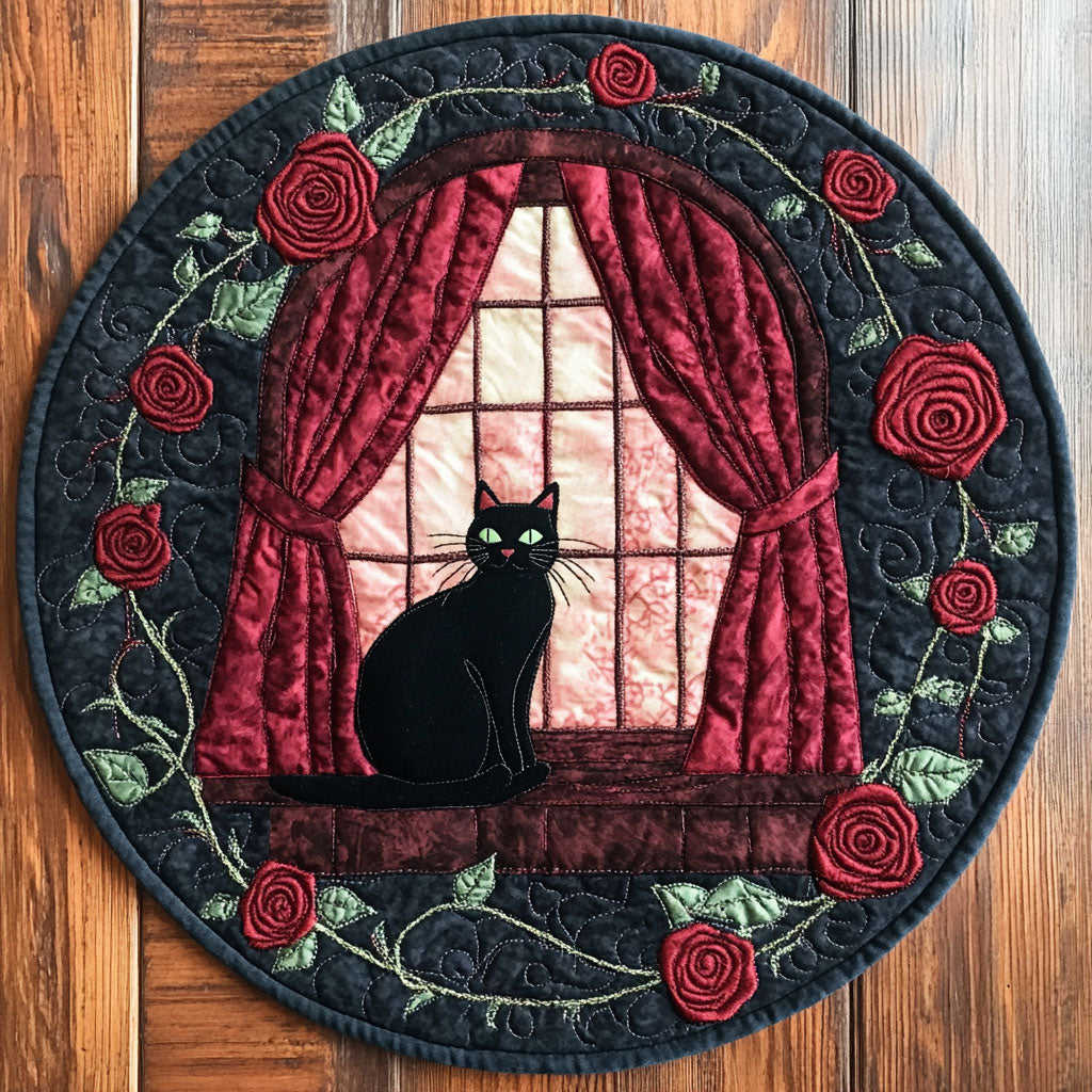 Black Cat And Roses WU2503103CL Quilted Round Mat
