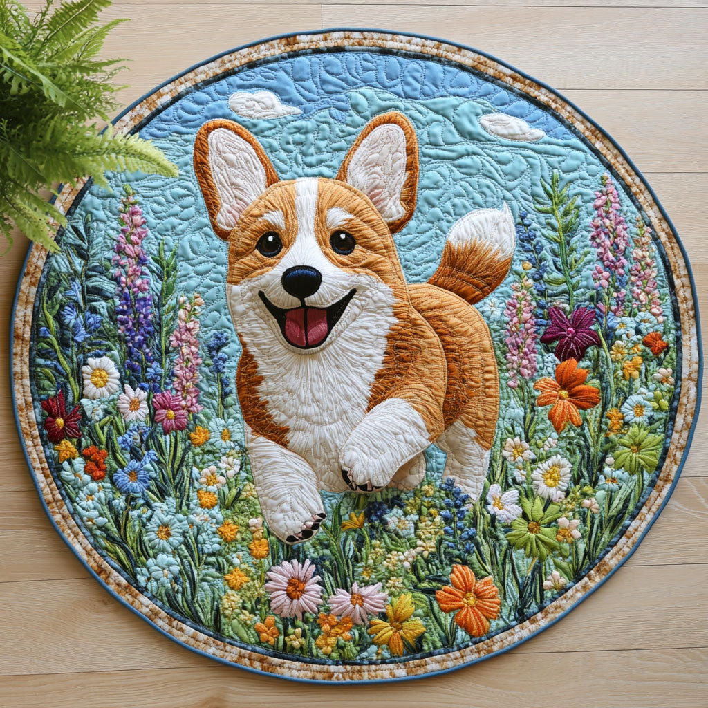 Corgi in Garden CW0407017CL Quilted Round Mat