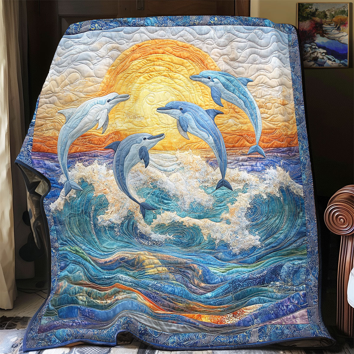 Dolphin Family In Sunset WY2103046CL Quilt
