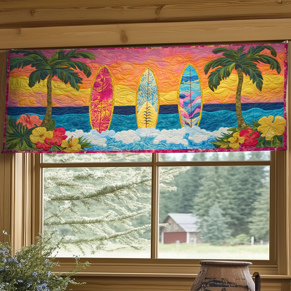 Surfboard In Tropical Beach WY0406043CL Quilted Valance