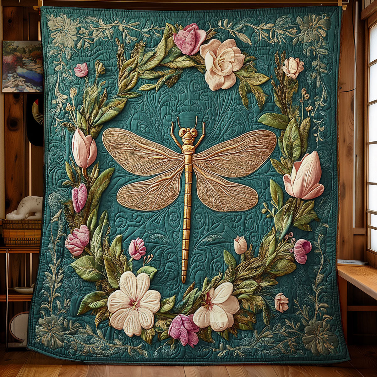 Gold Dragonfly In Wreath WY2403025CL Quilt