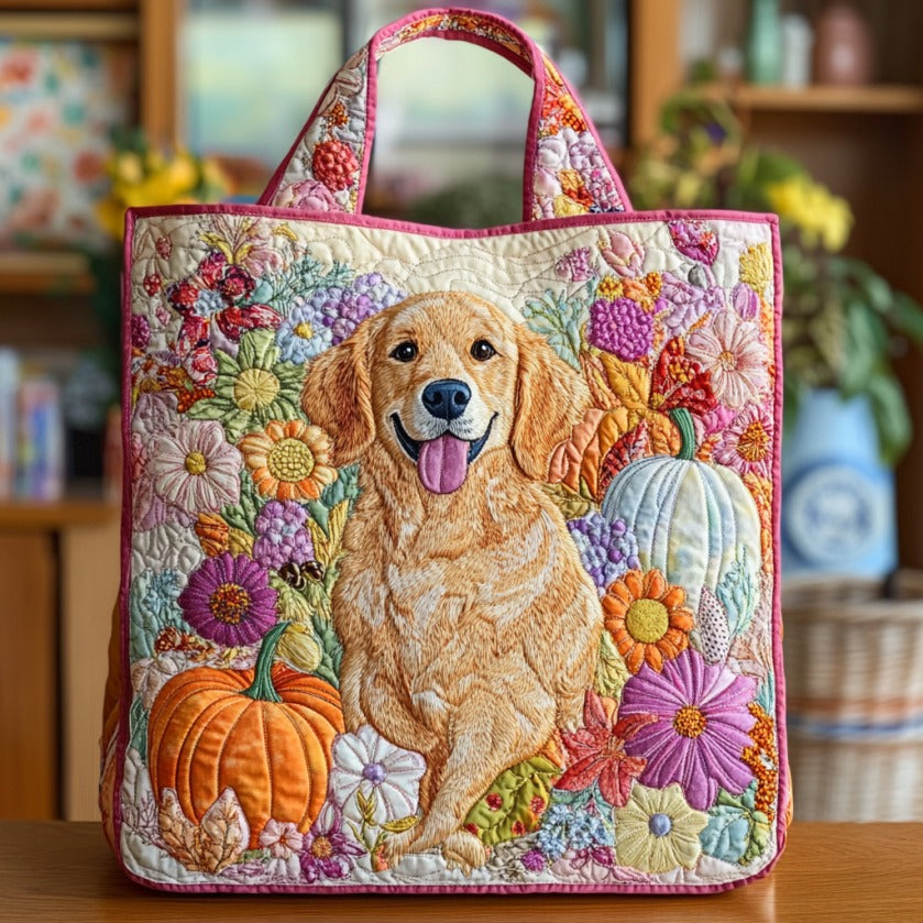Golden Retriever Loves Flowers XR2109036CL Quilted Tote Bag