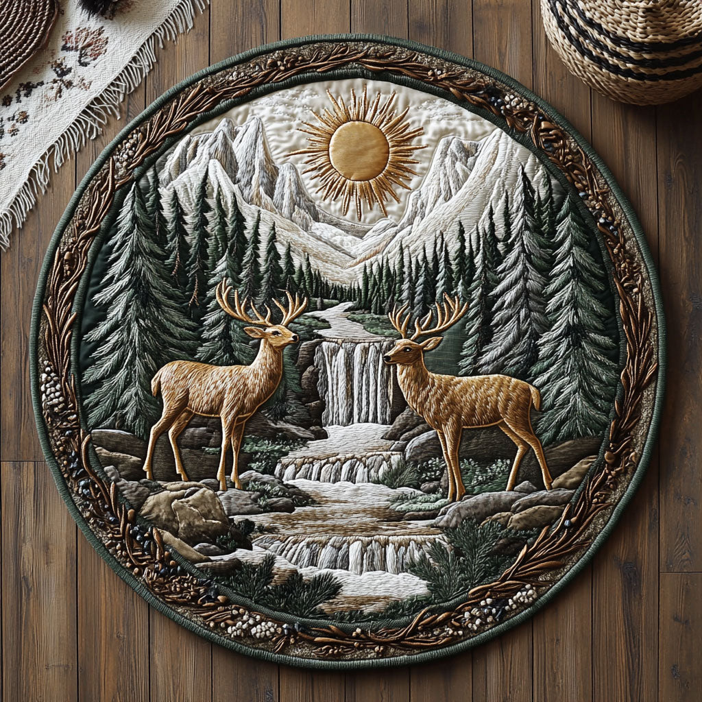 Couple Deer In Forest WY0905022CL Quilted Round Mat
