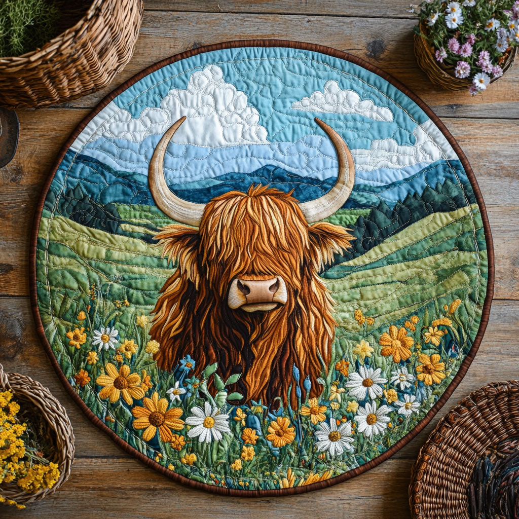Highland Cow Flower WX2605031CL Quilted Round Mat