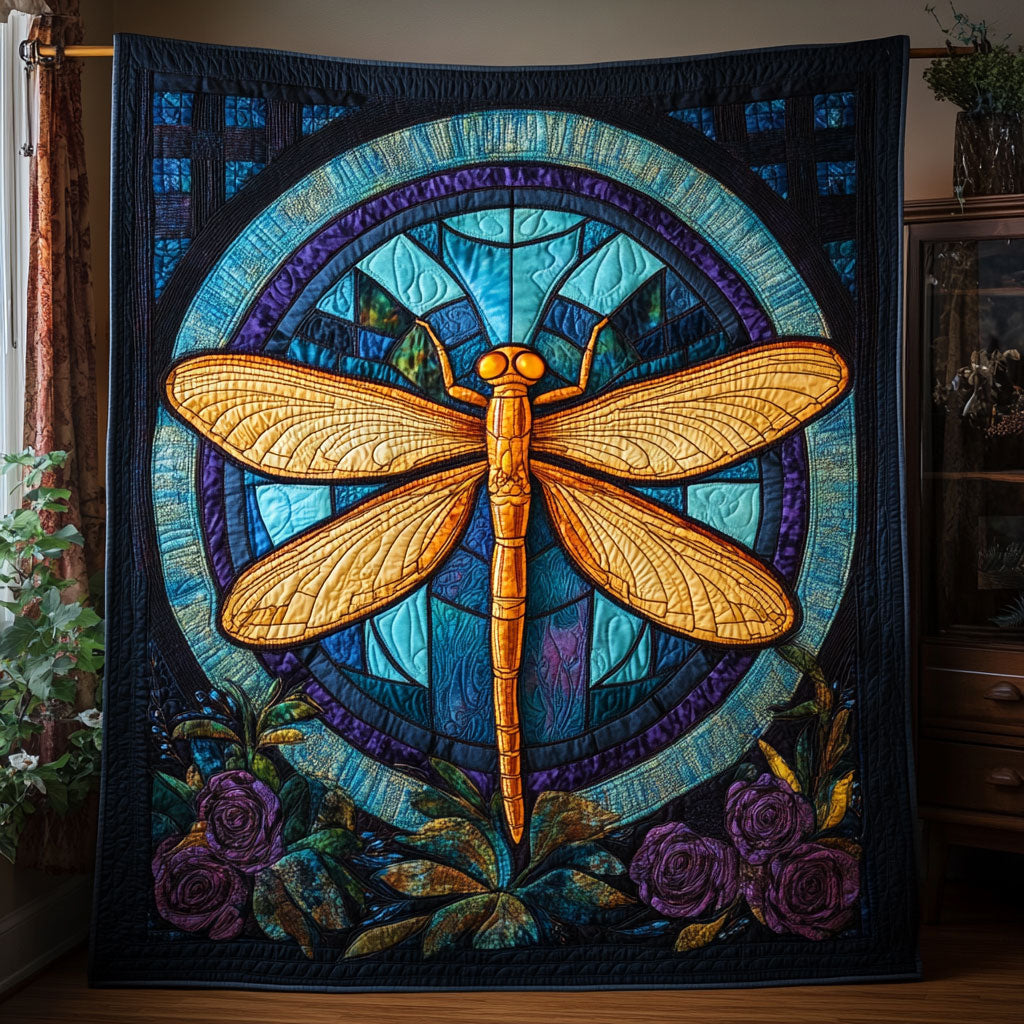 Golden Dragonfly And Floral WY0307047CL Quilt