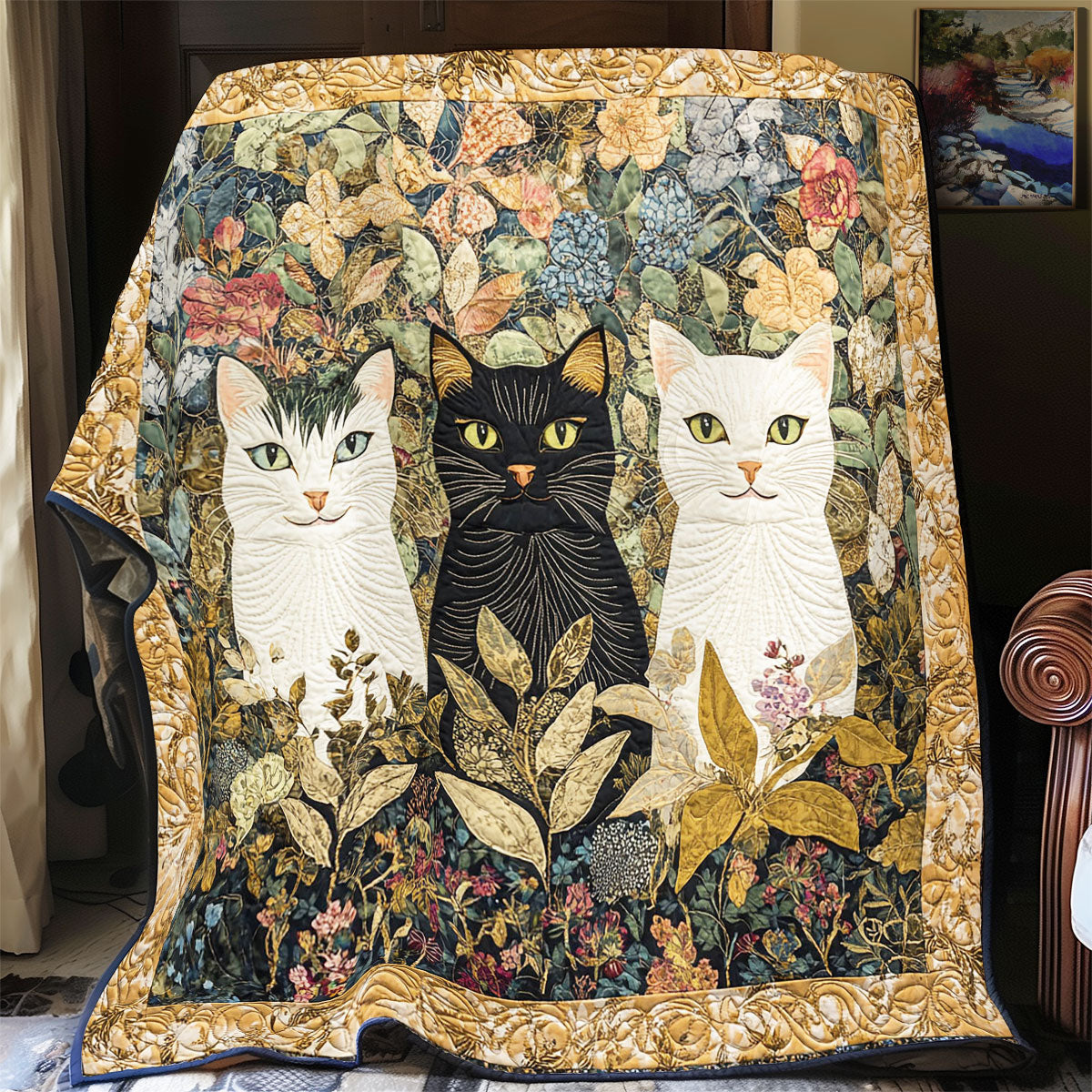Three Cat In Garden WY1701063CL Quilt