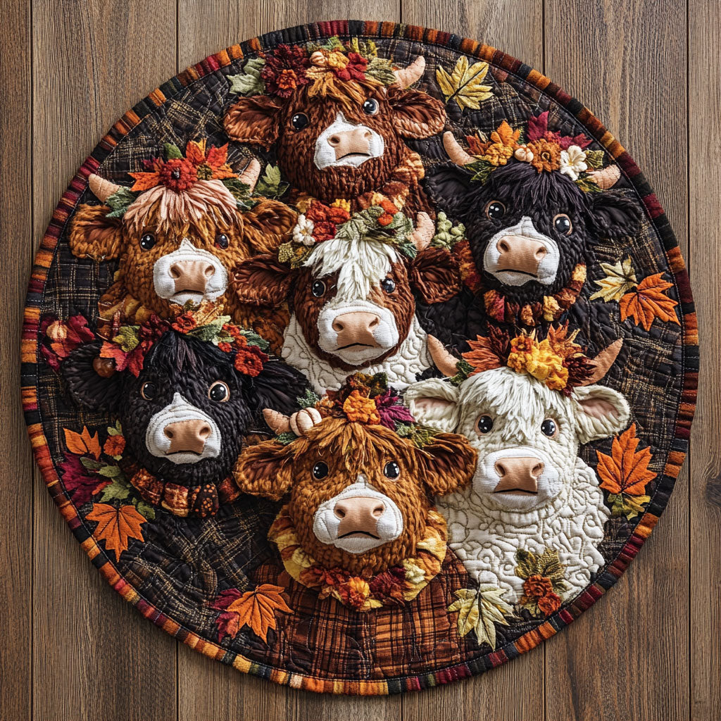 Highland Cow Autumn Pastures WU2003016CL Quilted Round Mat