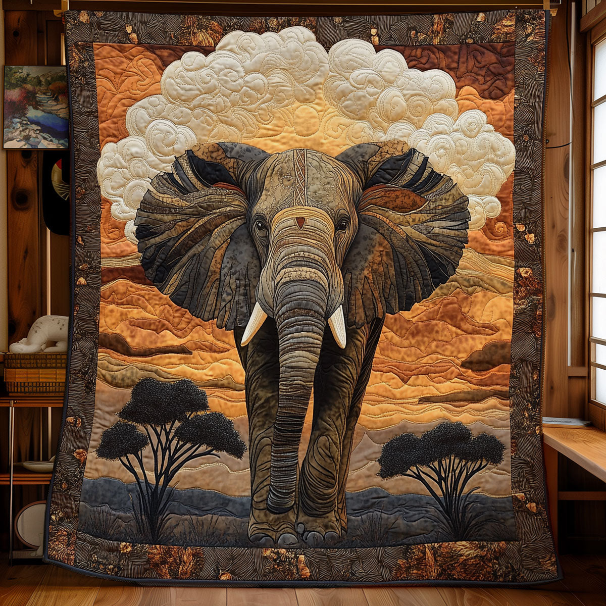 African Elephant's Sunset Journey WU1303074CL Quilt