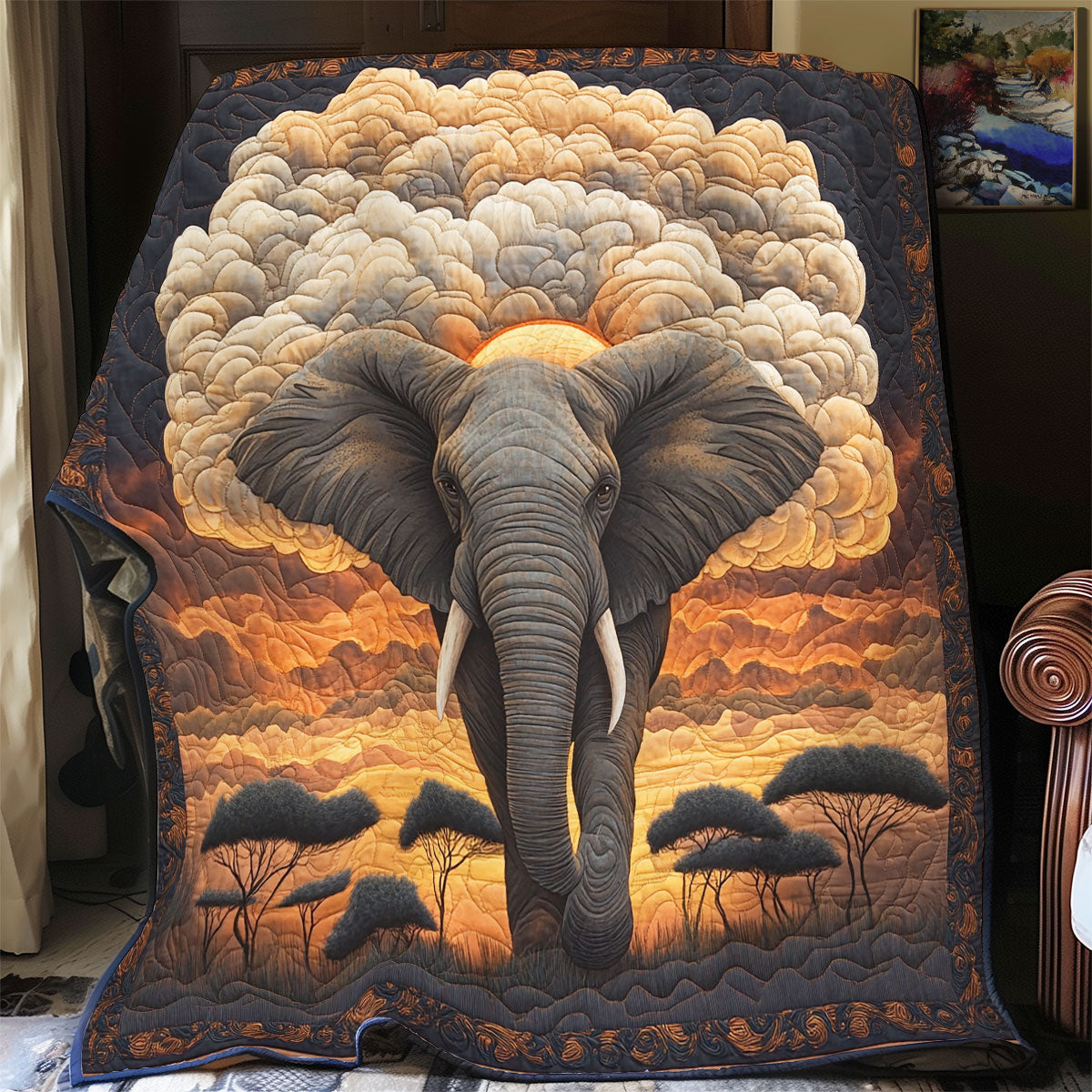 African Elephant's Sunset Journey WU1303072CL Quilt