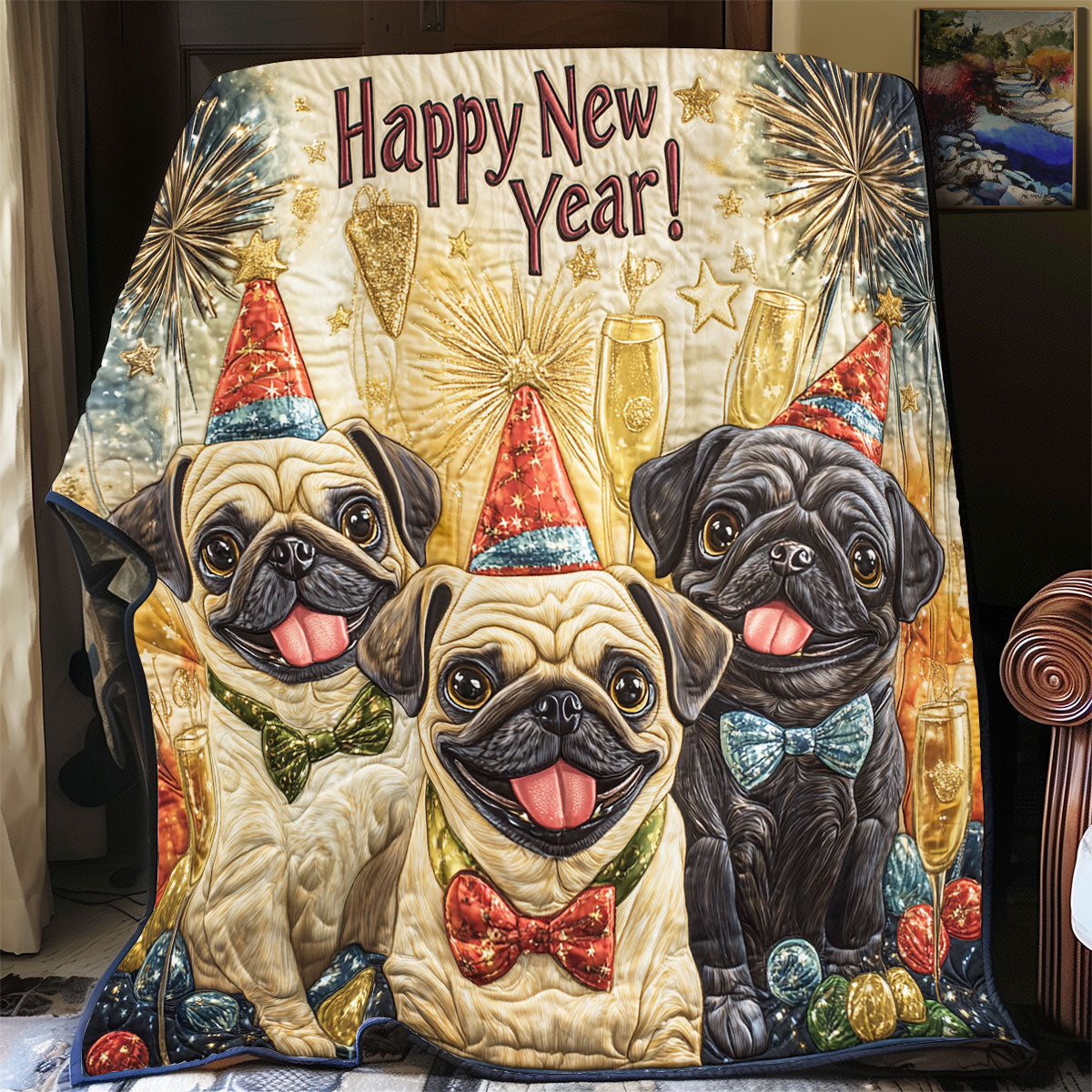 Pug Happy New Year WU2412002CL Quilt