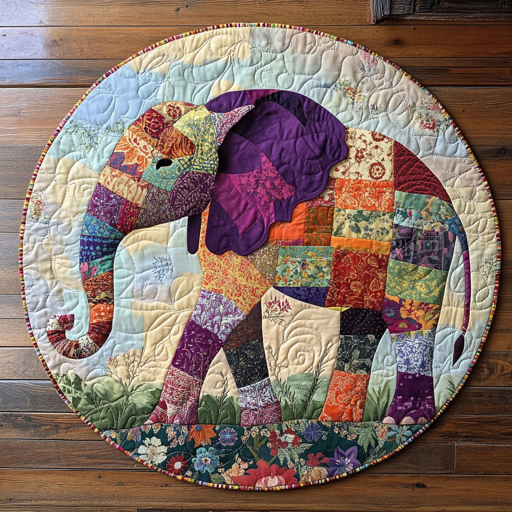 Patchwork Elephant WU2503094CL Quilted Round Mat