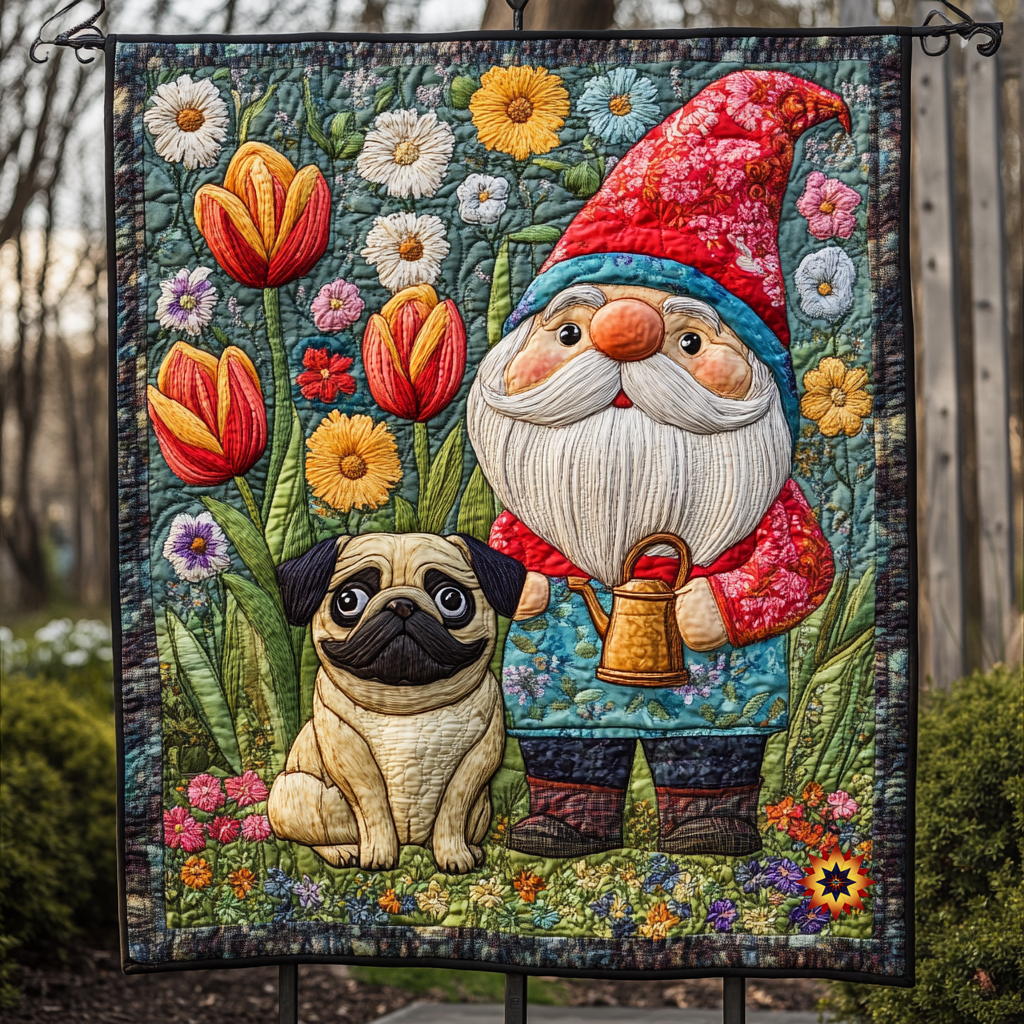 Pug And Gnome Spring Time WU1112030CL Quilt