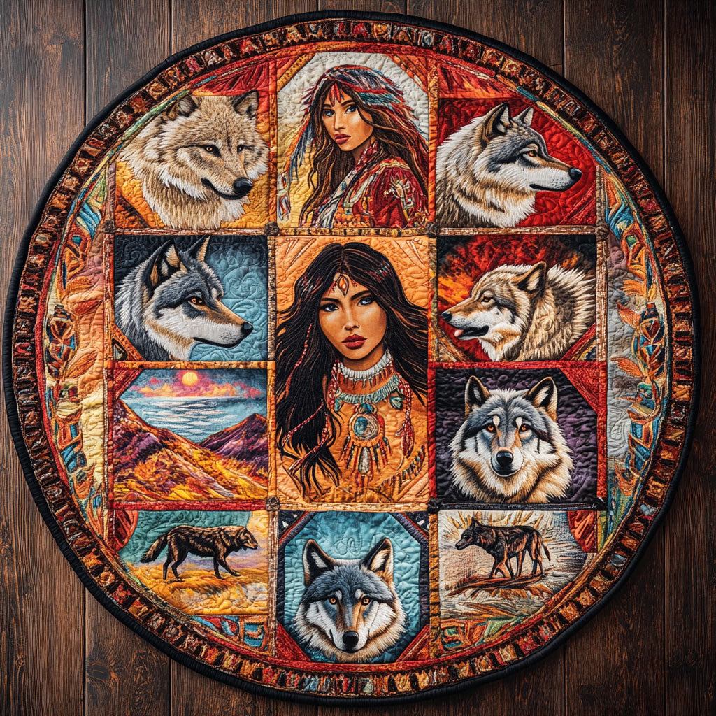 Sacred Path Wolf And Woman WN0908068CL Quilted Round Mat