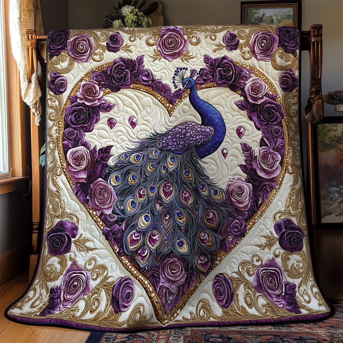 Peacock And Flower Heart WY2301072CL Quilt