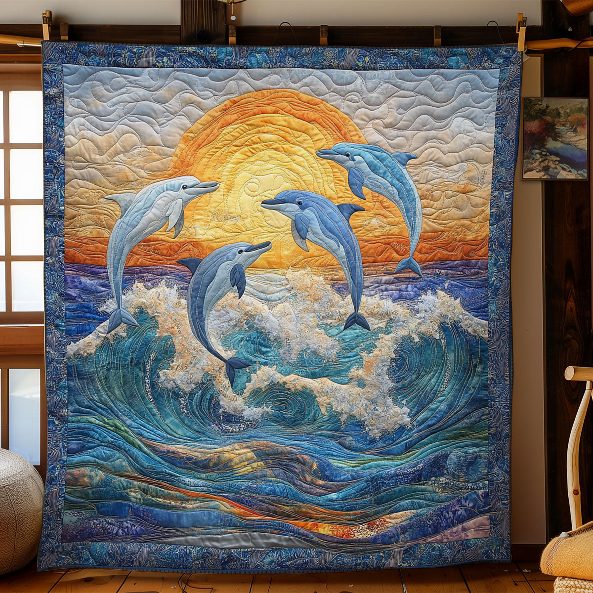 Dolphin Family In Sunset WY2103046CL Quilt