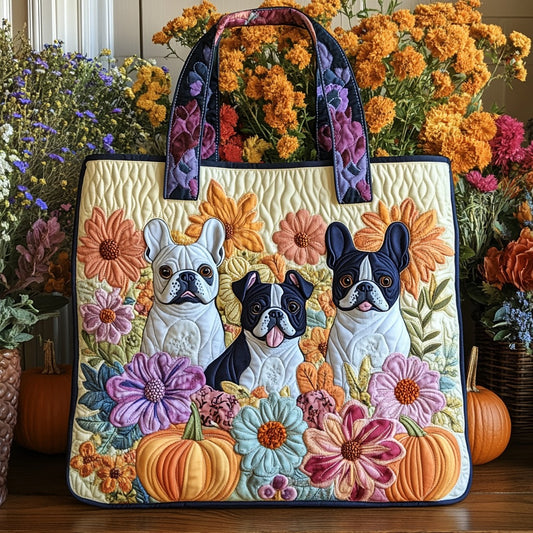 French Bulldogs With Flowers XR2209027CL Quilted Tote Bag