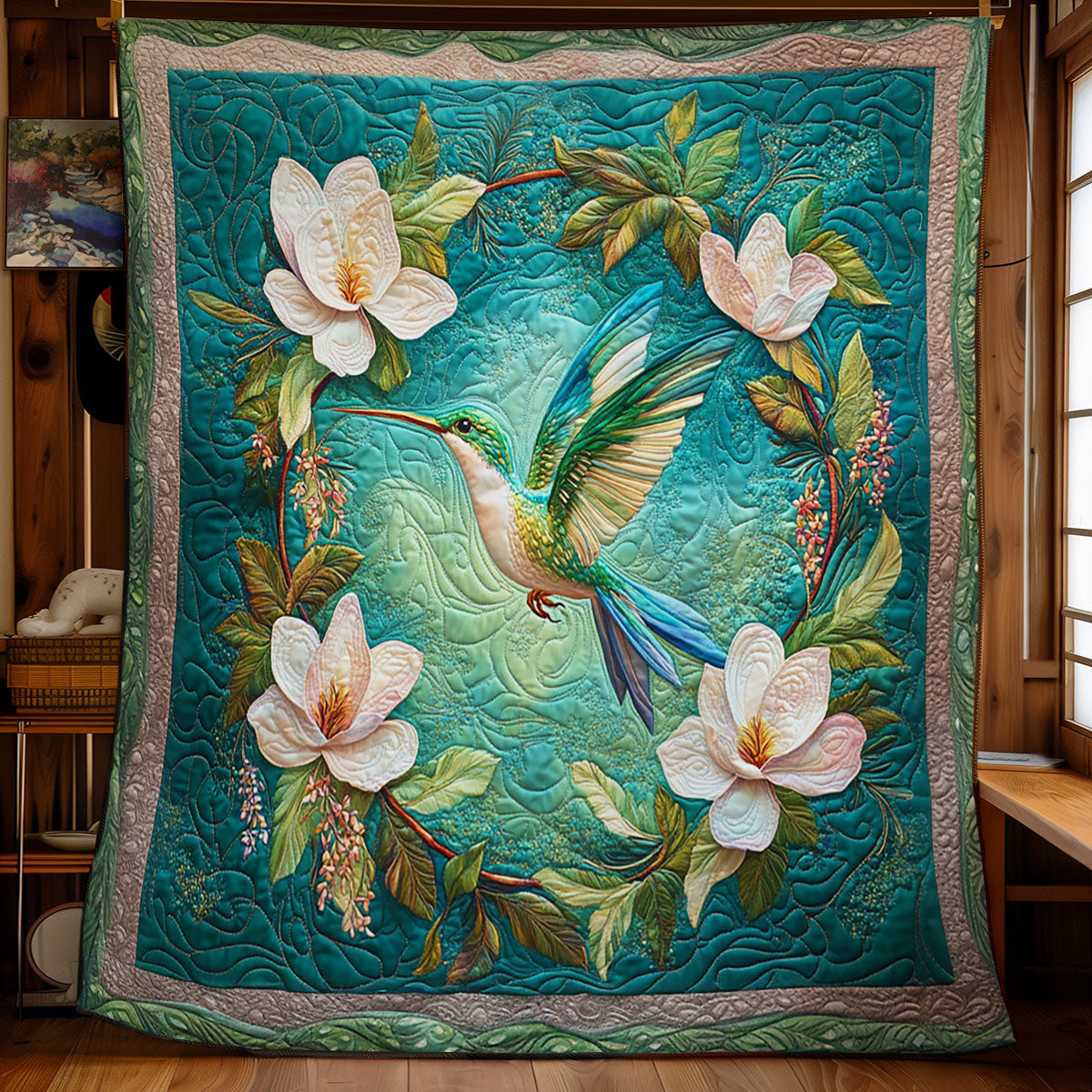 Hummingbird In Magnolia Wreath WY2403033CL Quilt
