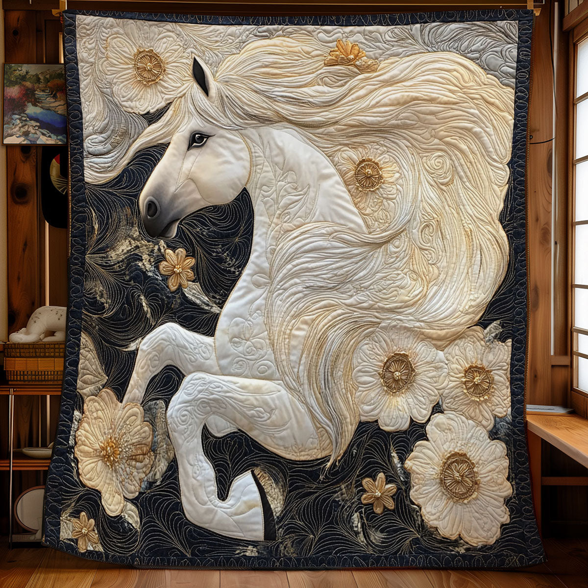 Beautiful White Flower Horse WY1202078CL Quilt
