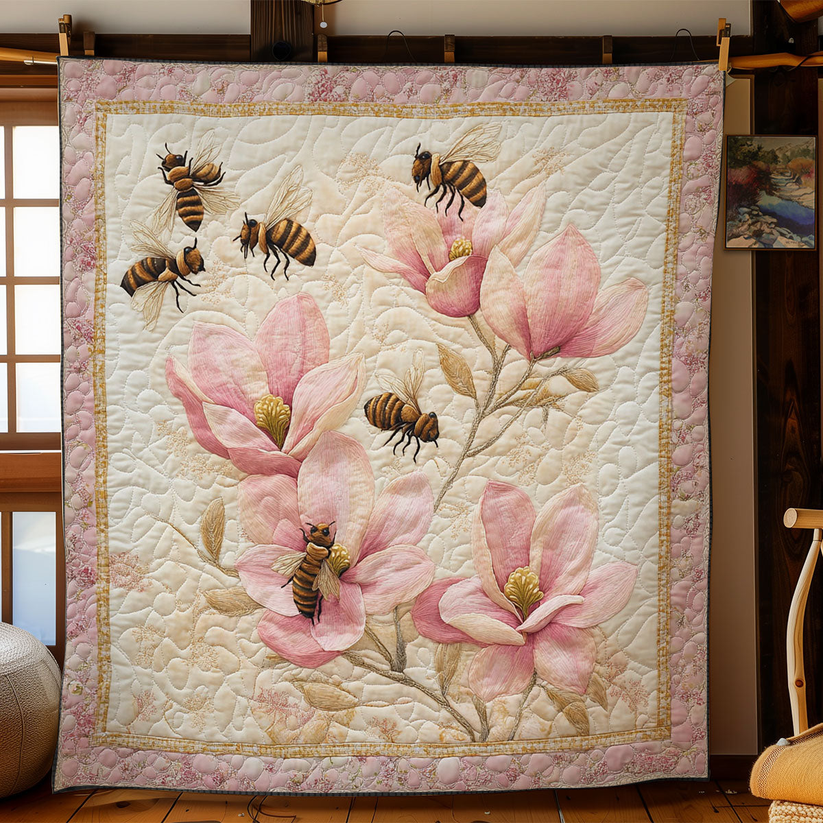 Pink Magnolia And Bee WY2103066CL Quilt