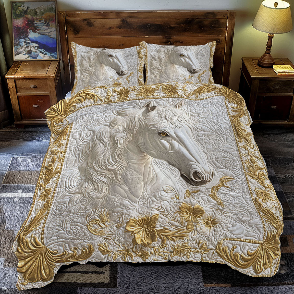 Gold Motiff White Horse WY1701092CL Duvet Cover Set
