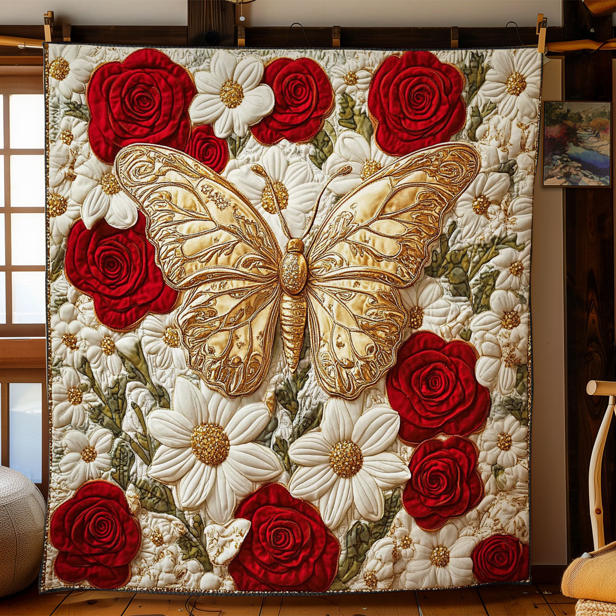 Gold Butterfly In Flower WY0602151CL Quilt