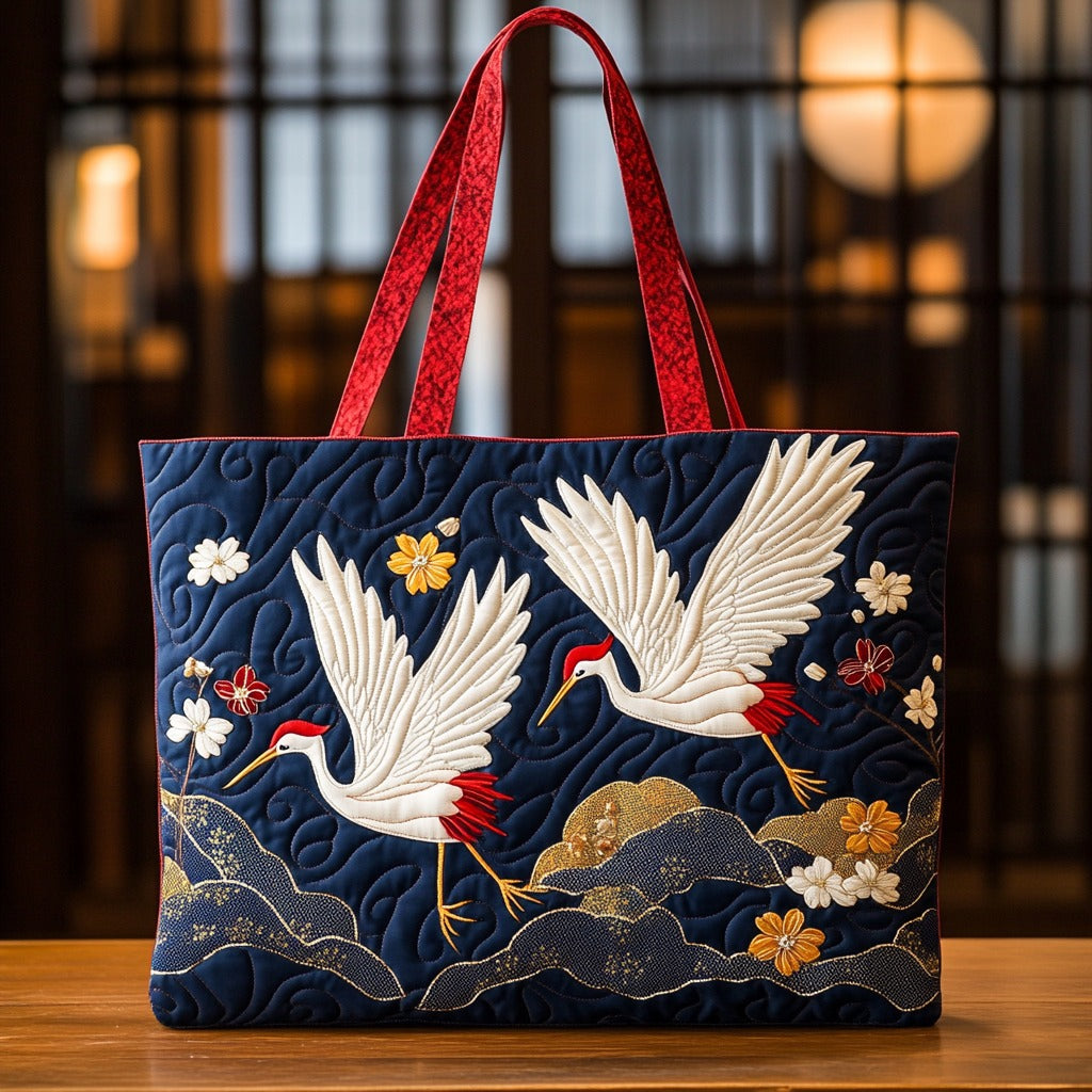 Elegant White Crane XR2309006CL Quilted Tote Bag