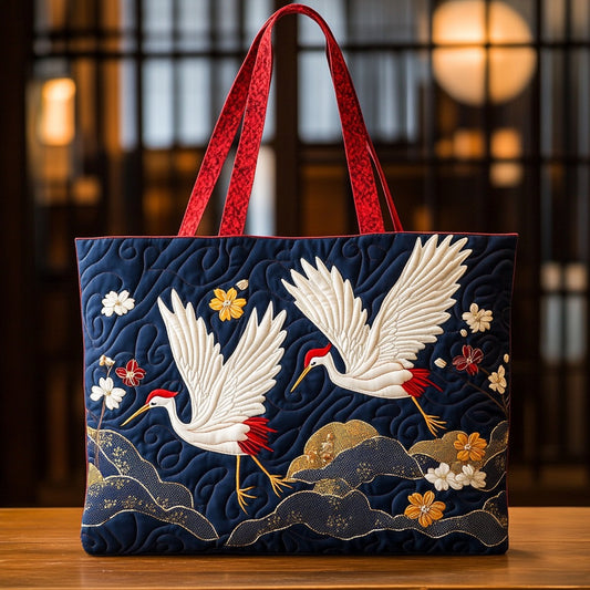Elegant White Crane XR2309006CL Quilted Tote Bag