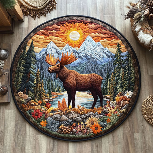 Moose In Whimsical Forest WY0406054CL Quilted Round Mat