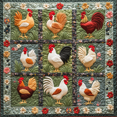 Floral Chickens XR1712002CL Quilt